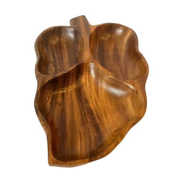 VTG Monkey Pod Wood Leaf Shaped 3 Section Divided Serving Tray/Bowls/Dish-14" - Picture 2 of 16